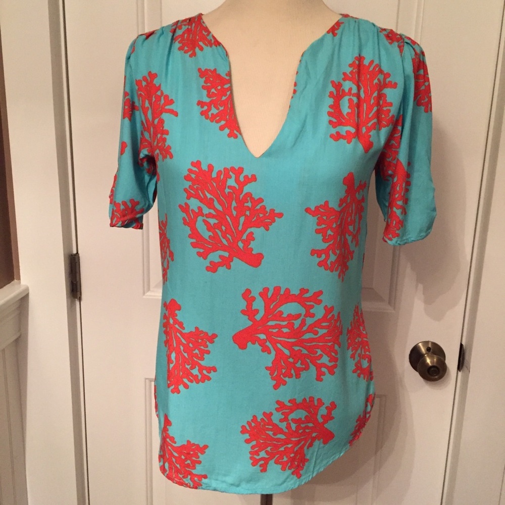 ESCAPADA TOP BLOUSE BLUE RED CORAL PRINT ASYMMETRICAL SIZE M